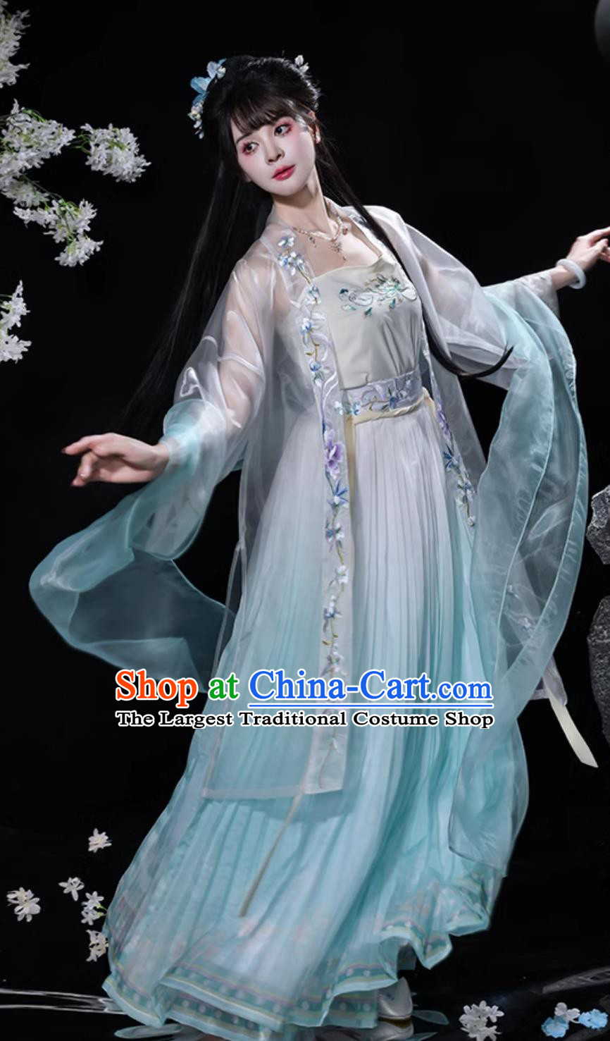 Chinese Song Dynasty Hanfu Ancient Young Lady Embroidered Blue Dress Traditional China Woman Clothing