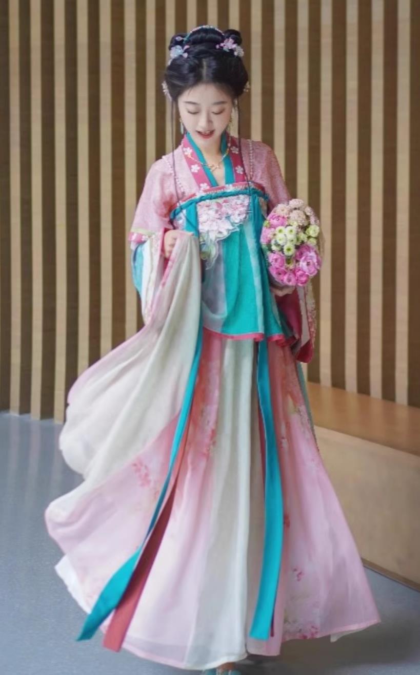 Tang Dynasty Hanfu Ruqun Traditional Chinese Costume  Embroidery Young Lady Pink Dress