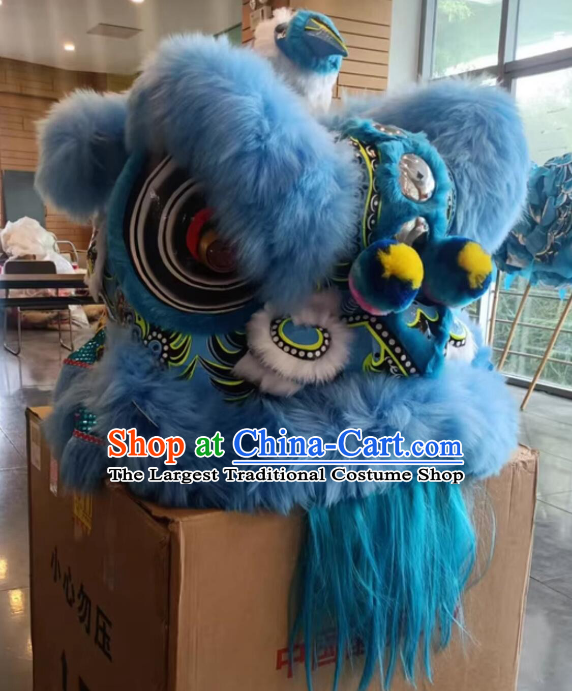 Festival Dancing Lion Costume Handmade Lao Fu Zi Lion Head Chinese Blue Wool Lion Dance Clothing Complete Set