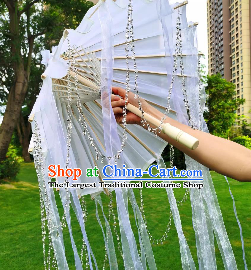 Water Drop Crystal Chain Tassel Ribbon Umbrella Hanfu Photography Umbrella Prop Chinese Classical Dance White Umbrella