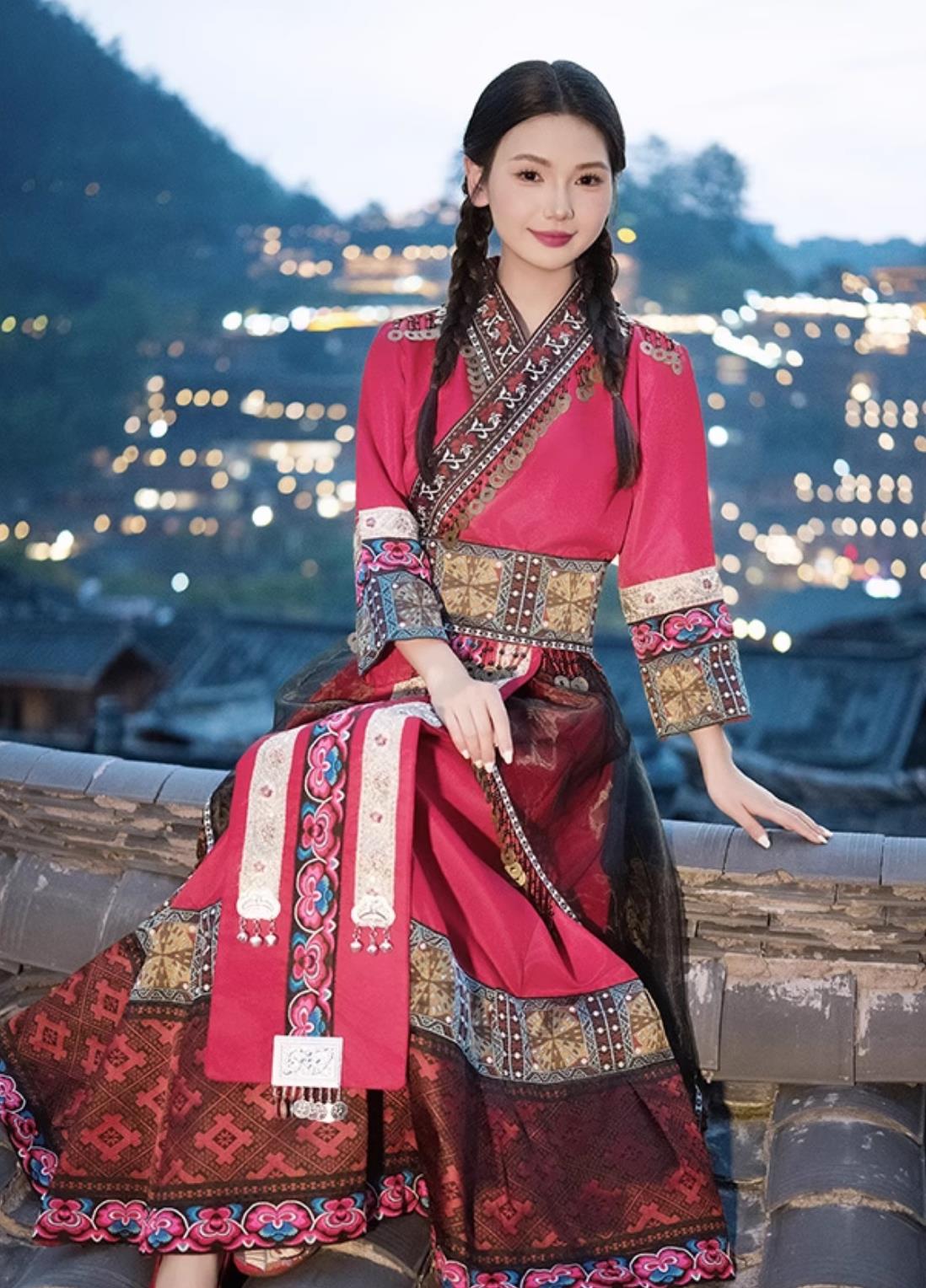 Chinese Miao Ethnic Lady Costume Hmong National Minority Dance Red Dress