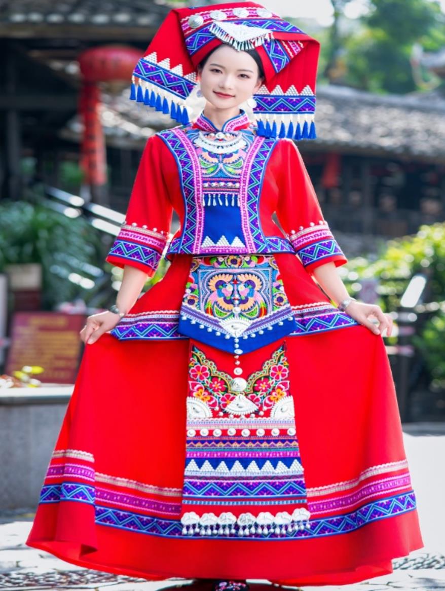 Guangxi Zhuang Ethnic Costume Women San Yue San Festival Minority Embroidered Performance Red Dress