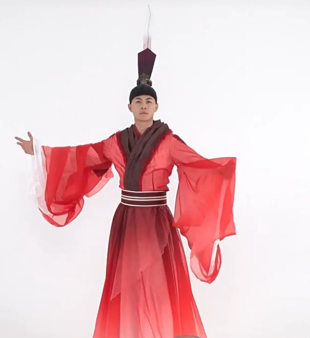 Chinese Classical Dance Ritual Guoxue Red Robes Mens Traditional Confucius Dance Performance Costume and Feather Headpiece Complete Set