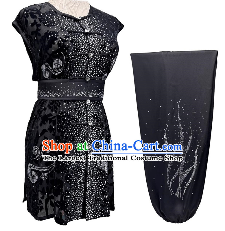 Semi Transparent Burnout Diamonds Southern Fist Nanquan Performance Costume Wushu Competition Black Uniform Chinese Kung Fu Clothing for Men