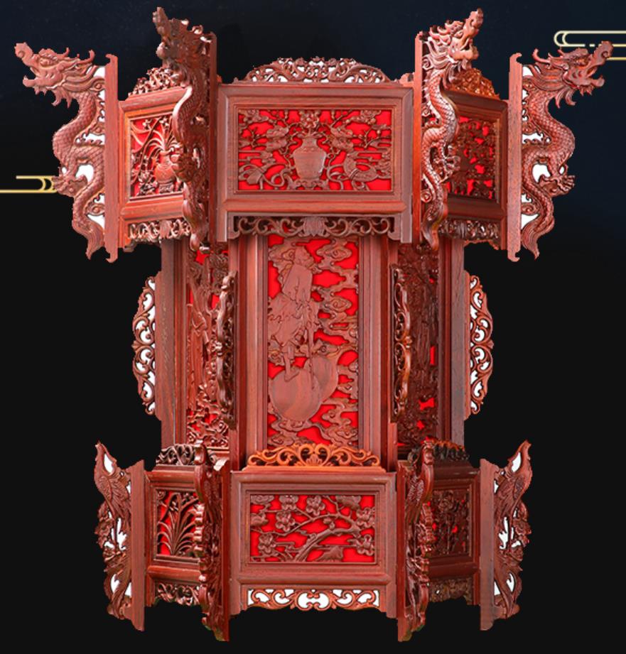 Chinese Padauk Hexagonal Palace Lantern Hand Carved The Eight Immortals Crossing the Sea Antique Temple Lamp Imperial Pendant Light