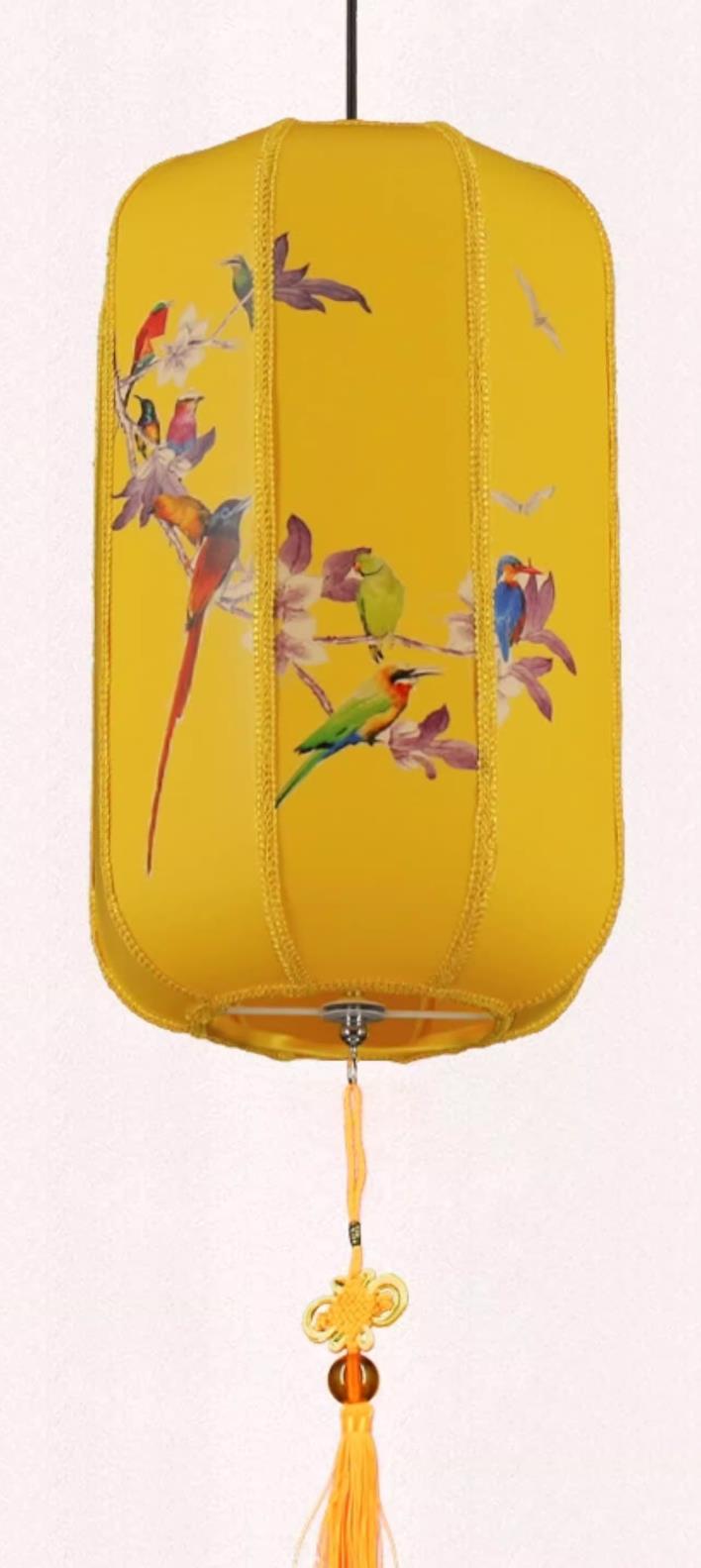 Chinese Yellow Cloth Lantern Antique Printed Flower Bird Lamp Custom Outdoor Pendant Light