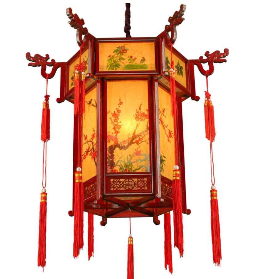 Chinese Antique Palace Lantern New Year Wood Hexagonal Courtyard Lamp Restaurant Pendant Light