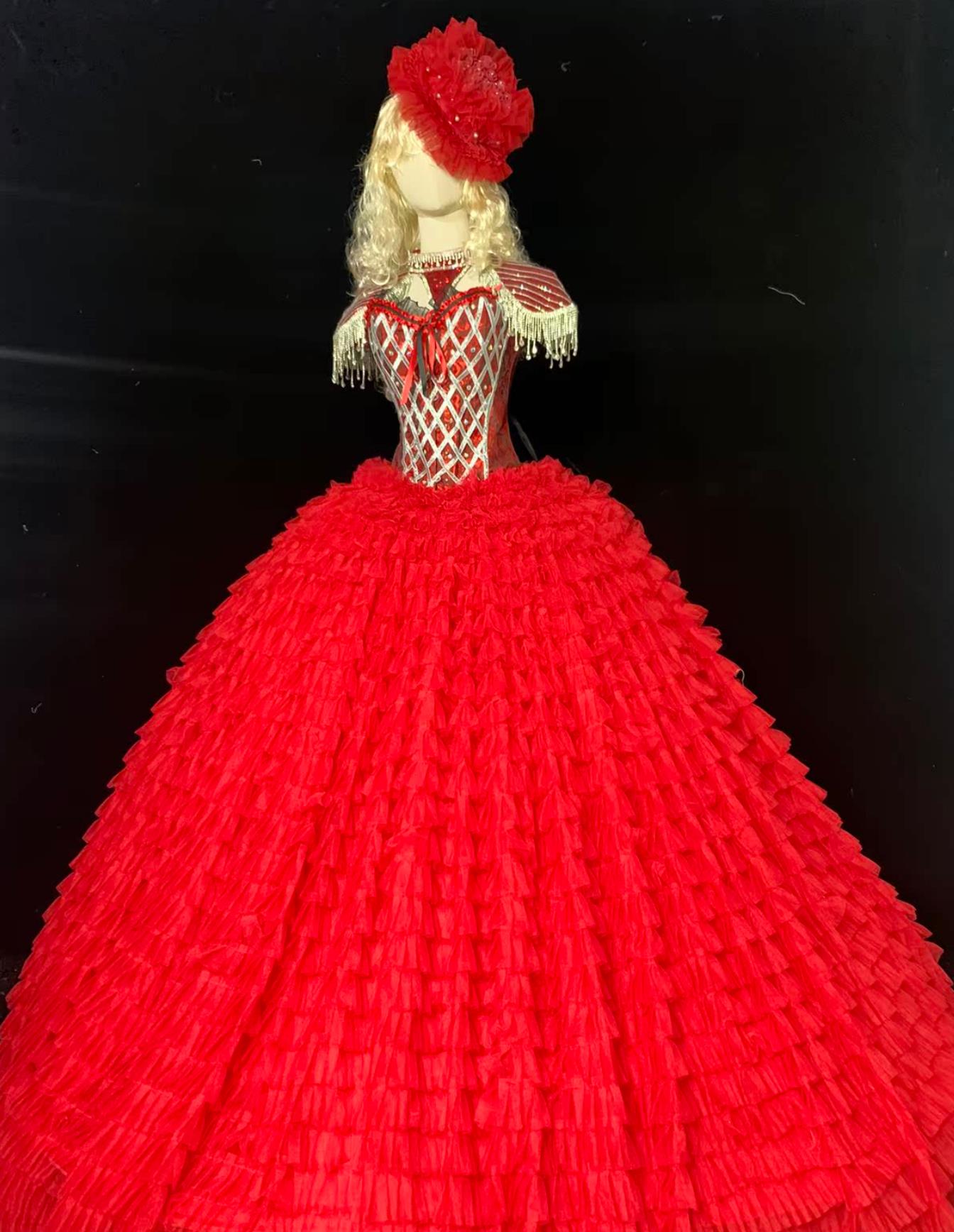Princess Stage Costume Parade Dance Performance Outfit Queen Red Long Dress