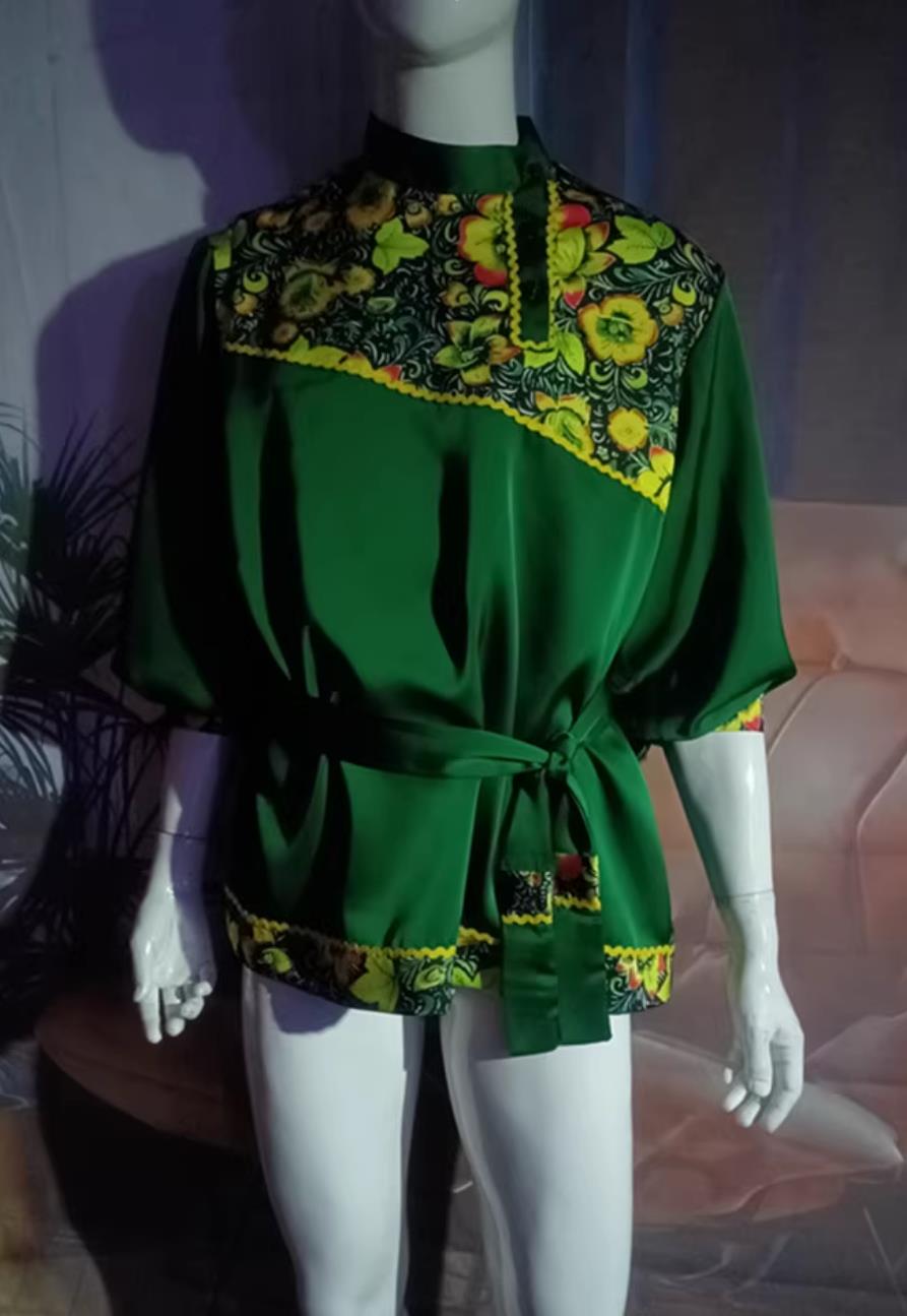 Russian Traditional Costume Men Green Shirt Western Restaurant Waiter Performance Dance Clothing