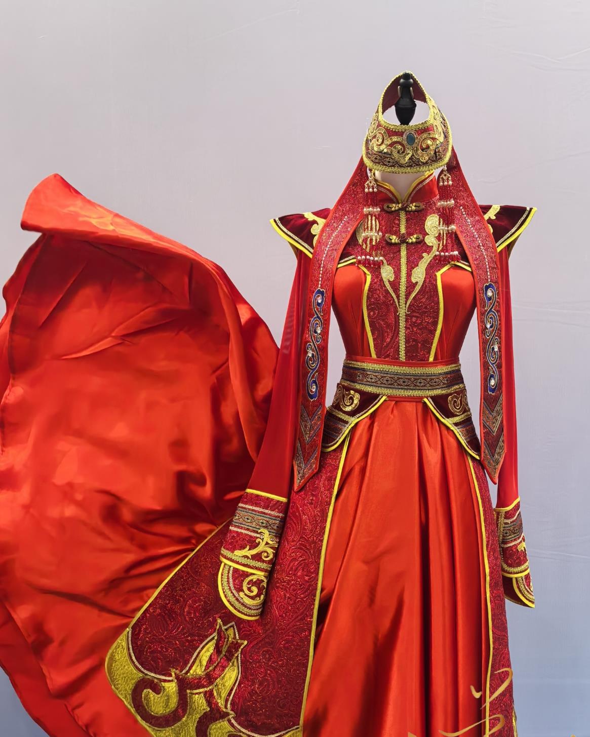 Mongolian Ethnic Costume Chinese Mongol Minority Fashion Show Attire Women Red Dress