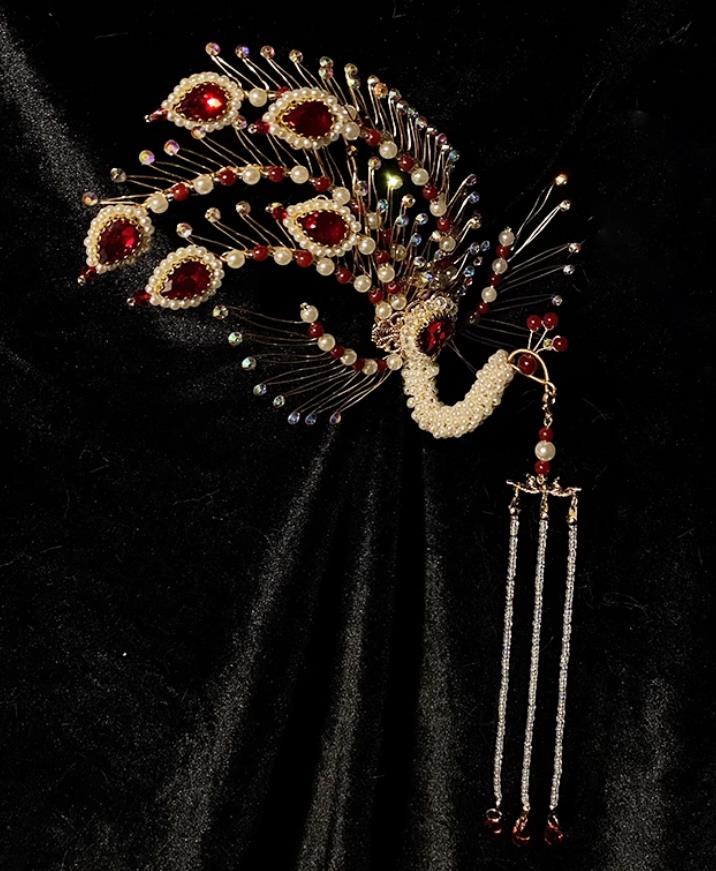 Tassel Golden Phoenix Hairpin Inclined Phoenix Five Tail Hair Crown Chinese Ming Dynasty Wedding Headdress Accessory