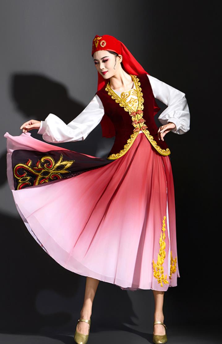 Xinjiang Dance Dress Women Elegant Flared Uyghur Folk Dance Costume Chinese Ethnic Dance Clothing
