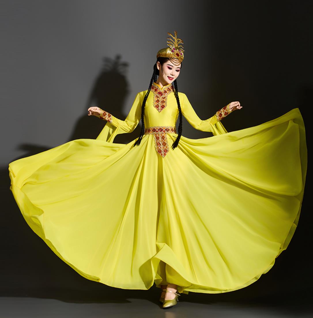 Xinjiang Classical Dance Yellow Dress Chinese Uyghur Ethnic Performance Costume