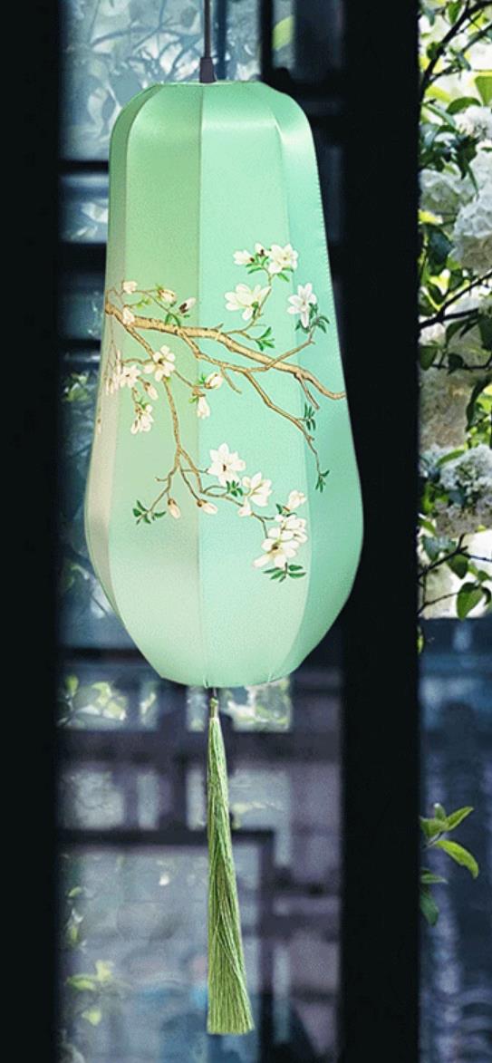 Festival Celebration Green Silk Lantern Chinese Mid Autumn Festival Lantern Printed Magnolia Flower Lamp