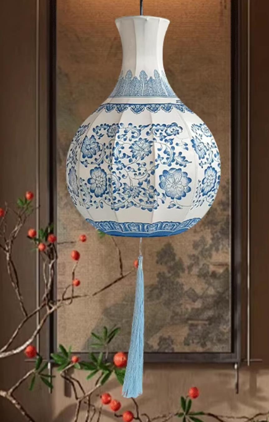 Creative Chinese Style Lantern Blue And White Porcelain Lantern Traditional Classic Vase Pendant Lamp