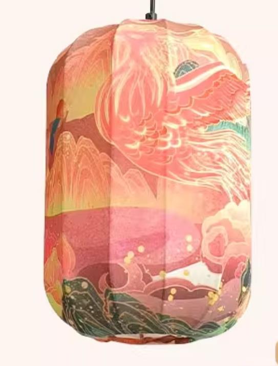 Printed Phoenix Pink Lamp Chinese Style Lantern Waterproof Pendant Lantern