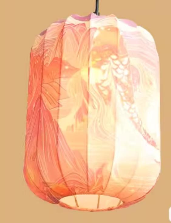 Waterproof Pendant Lantern Printed Koi Pink Lamp Chinese Style Lantern