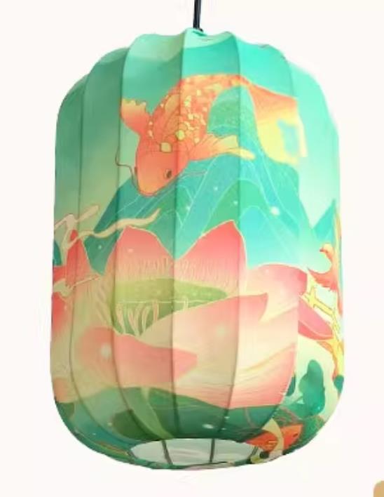 Waterproof Pendant Lantern Printed Koi Lotus Green Lamp Chinese Style Lantern