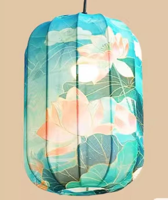 Printed Lotus Blue Lamp Chinese Style Lantern Waterproof Pendant Lantern