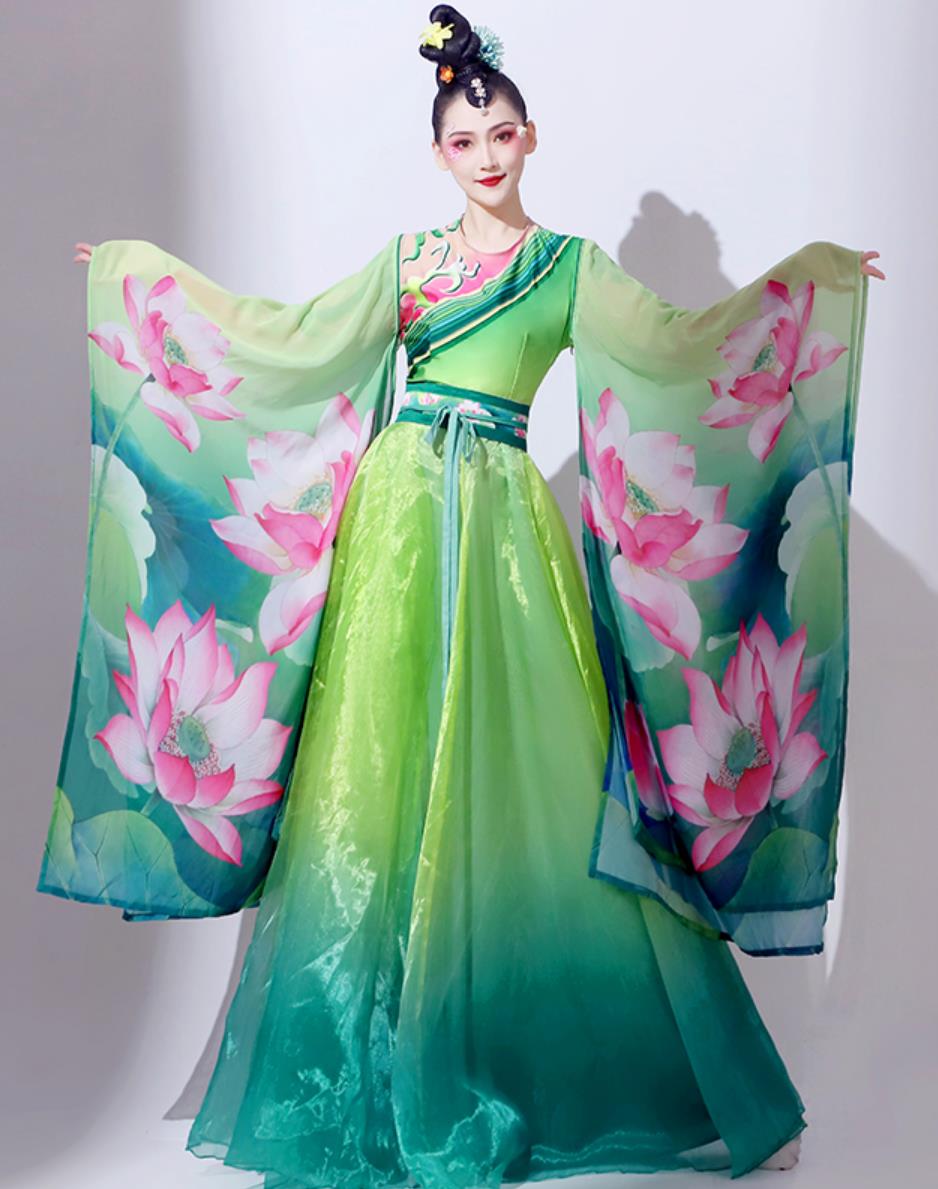 Classic Dance Performance Costume Women Elegant Chinese Style Wide Sleeve Hanfu Chinese Ode To Lotus Dance Dress