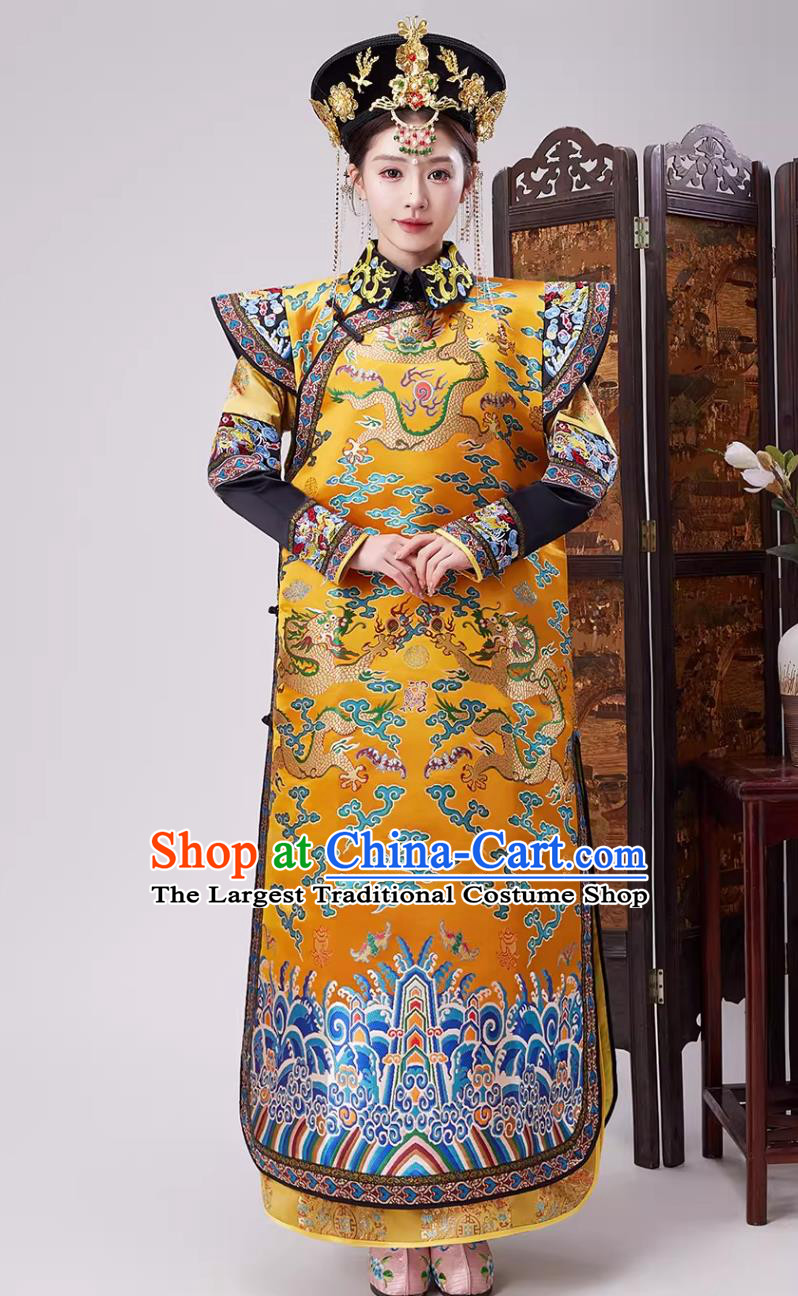Ancient Chinese Empress Clothing Qing Dynasty Imperial Concubine Costume Forbidden City Manchu Queen Golden Dress