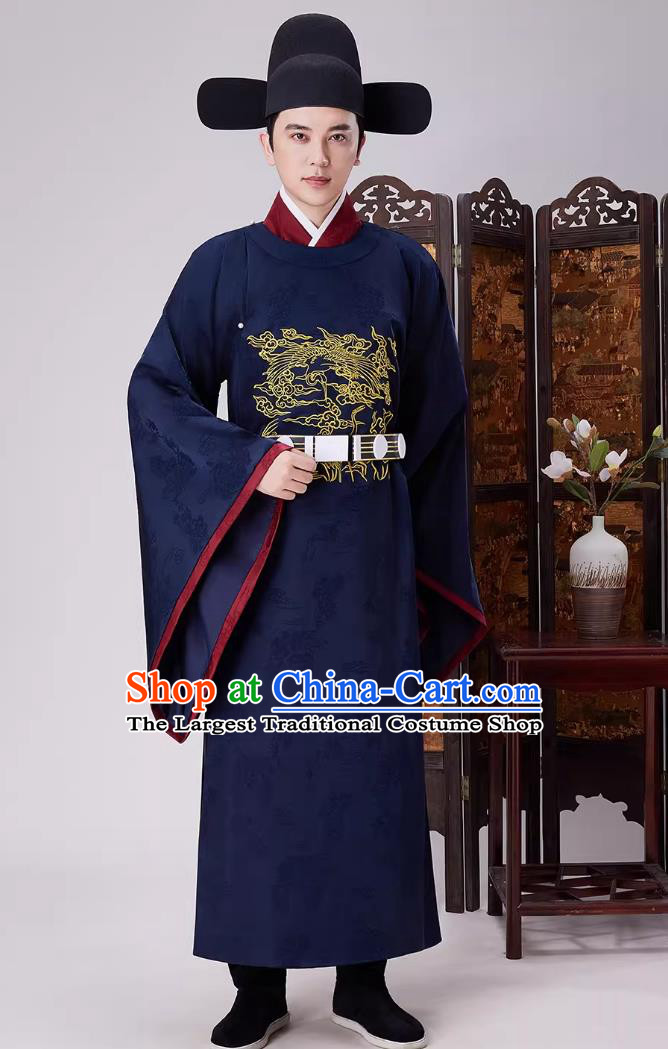Legend of Zang Hai Performance Costume Ancient Chinese Official Dark Blue Hanfu Robe Ming Dynasty Chancellor Gown