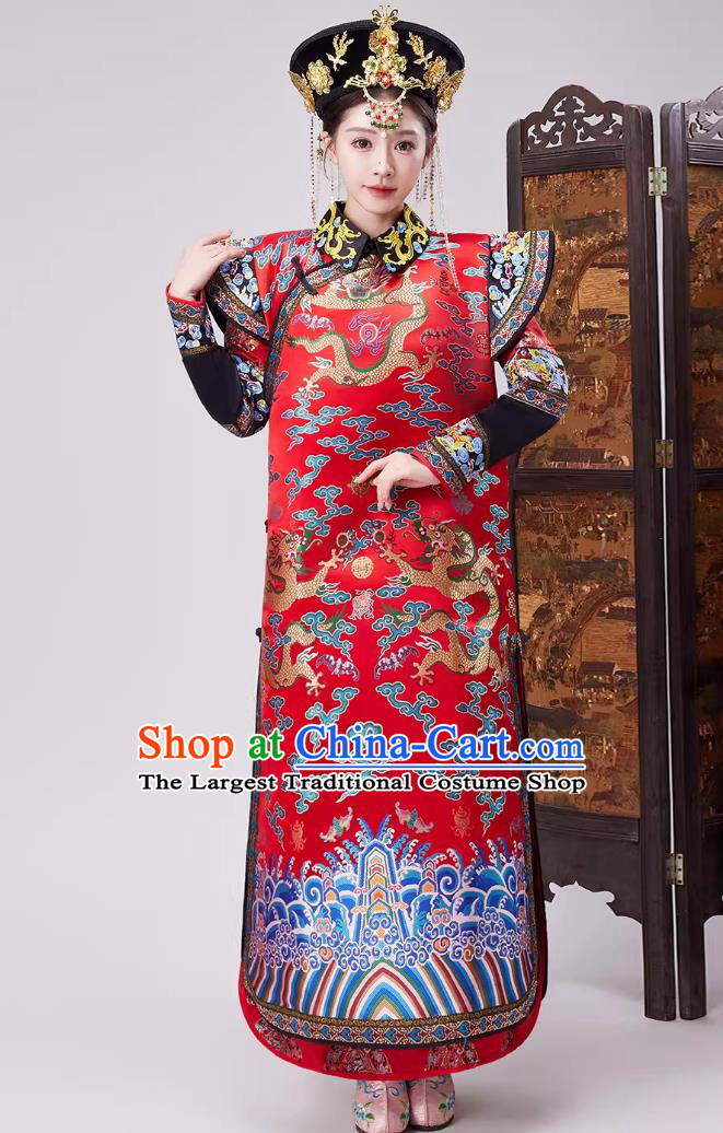 Qing Dynasty Empress Phoenix Robe Traditional Chinese Manchu Woman Costume Ancient Imperial Consort Court Attire Red Wedding Dress