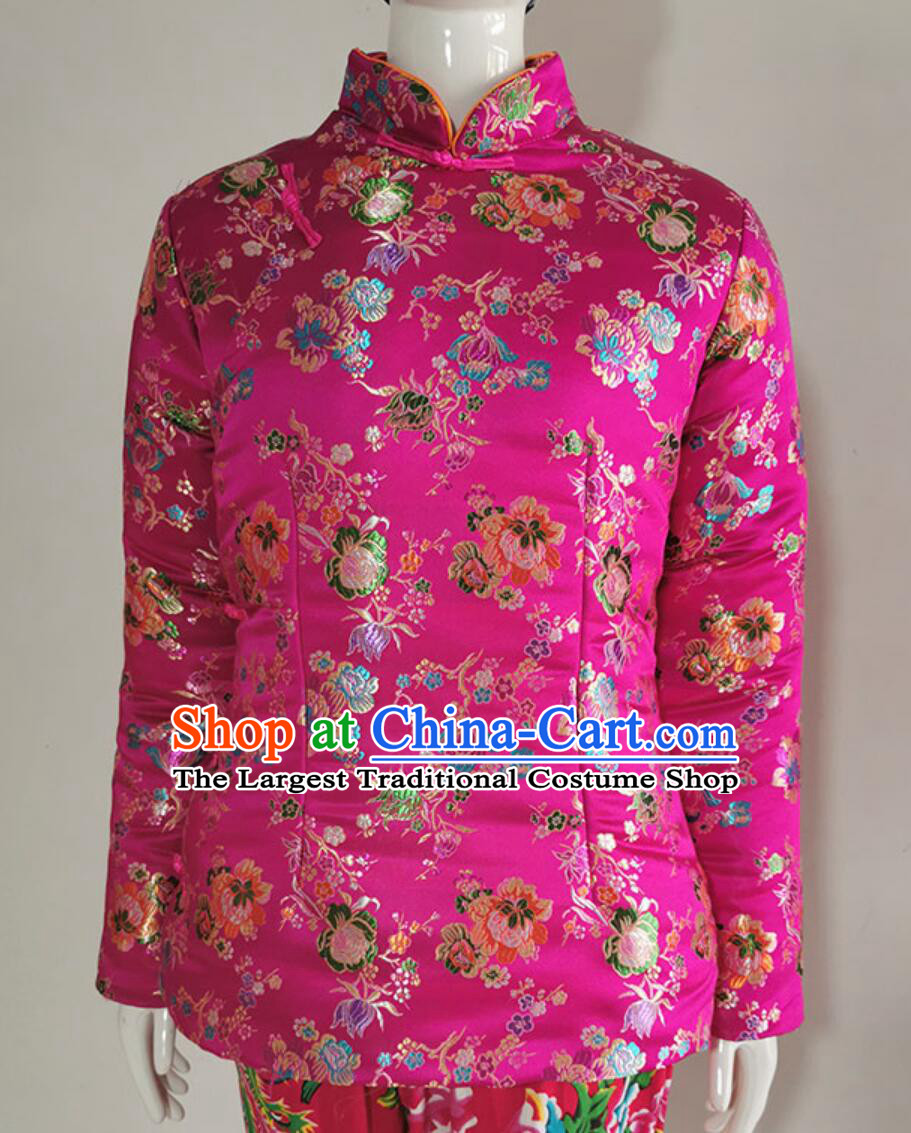 Pink Brocade Women Side Front Closure Cotton Padded Jacket Top Handmade Thickened Tang Suit Stand Collar Coat