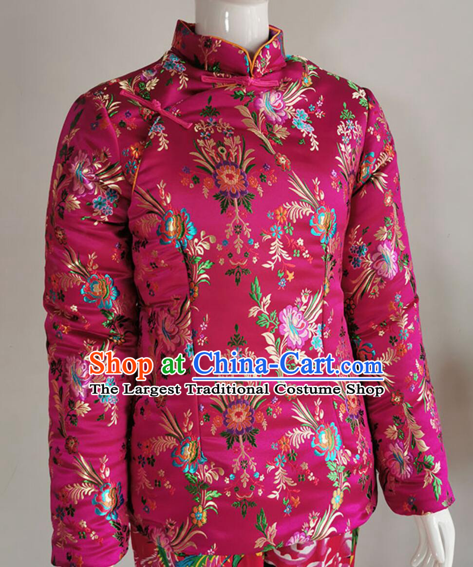 Top Handmade Thickened Tang Suit Stand Collar Coat Rosy Brocade Women Side Front Closure Cotton Padded Jacket