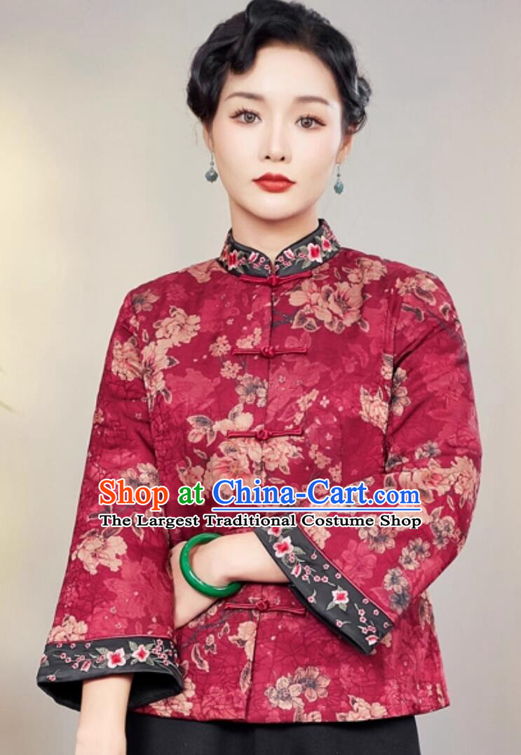 Tang Suit Women Winter Cotton Padded Coat Thickened Front Opening Embroidery Garment Elegant Coiled Button Chinese Retro Cheongsam Jacket