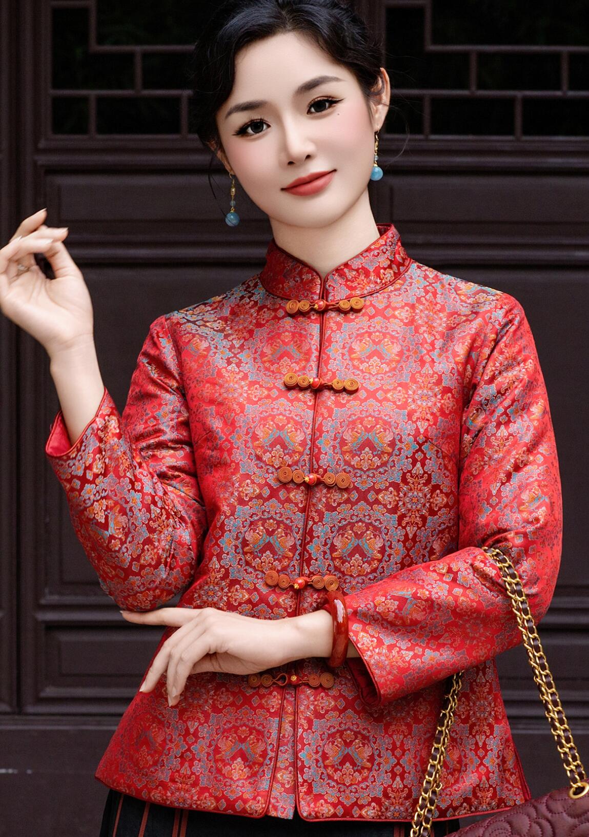 Classic Mulberry Silk Song Brocade Upper Outer Garment Thickened Cotton Padded Red Tang Jacket
