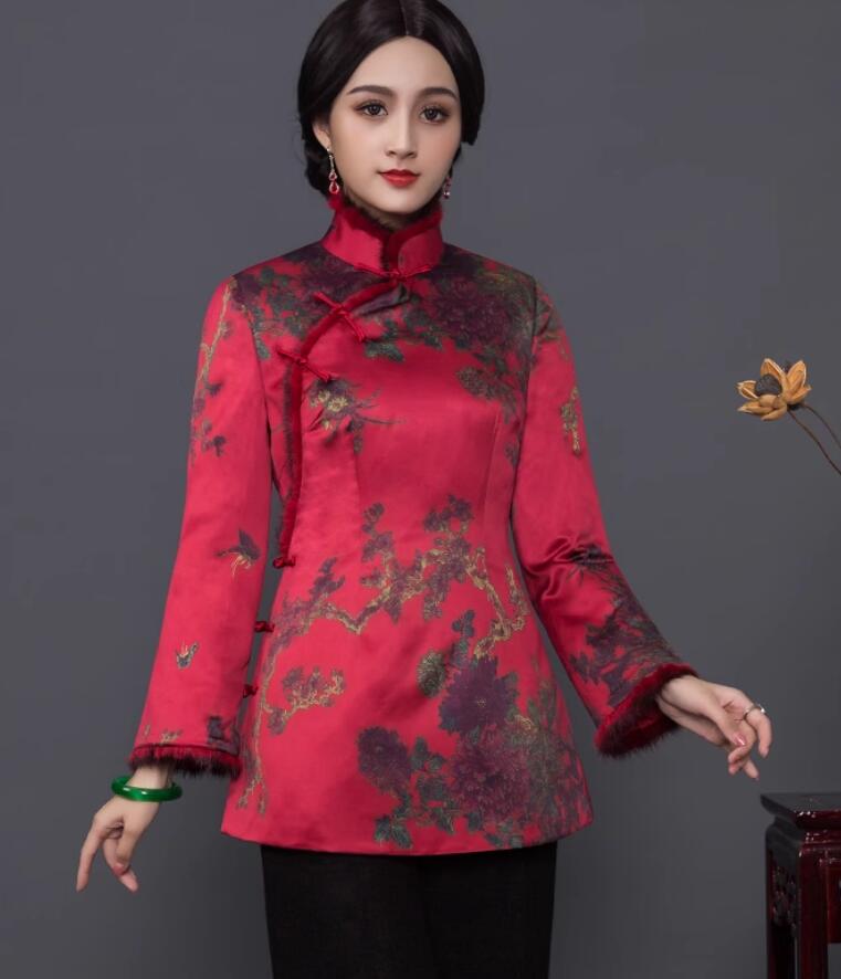 Chinese Red New Year Festive Cheongsam Upper Outer Garment Cotton Padded Long Sleeve Tang Jacket