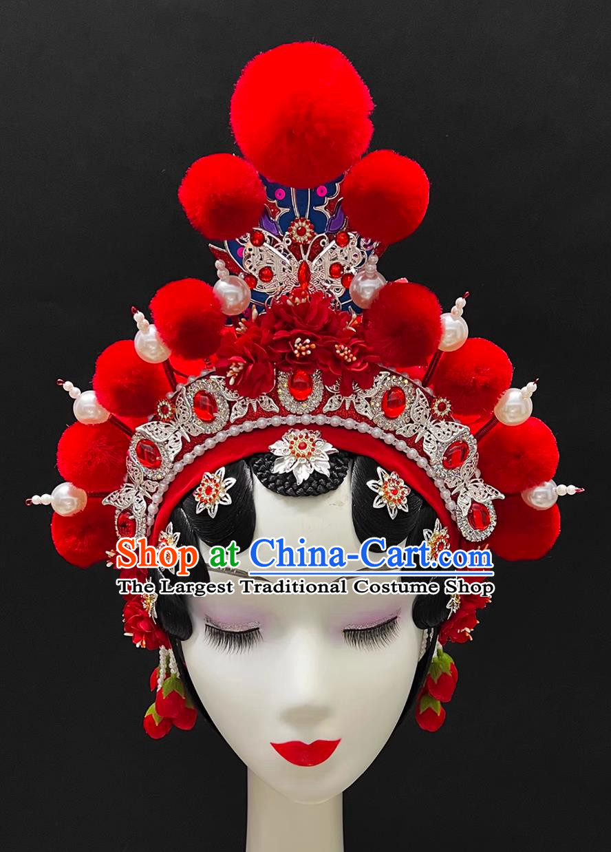 Children Beijing Opera Headdress Ancient Swordswoman Headpiece Chinese Stage Performance Red Hair Crown
