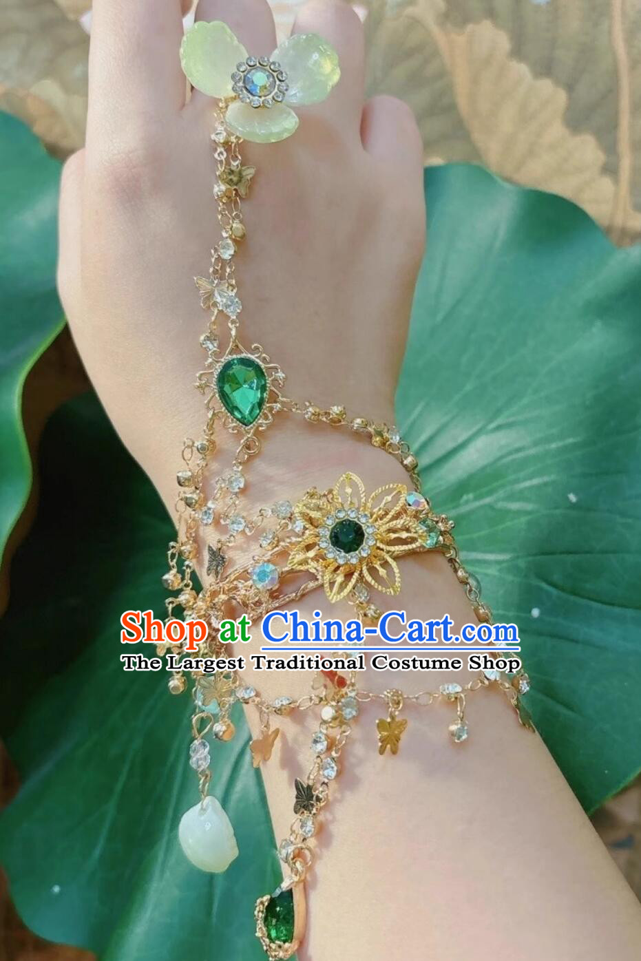 Traditional Chinese Hanfu Jewelry Ancient Fairy Princess Green Bracelet with Flower Ring