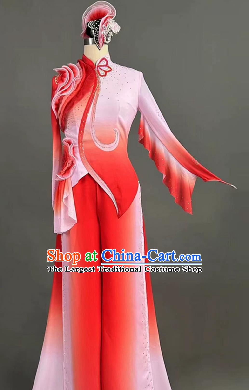 Womens Jiaozhou Hibiscus Yangko Dance Costume Jiu Er Chinese Style Stage Performance Red Uniform