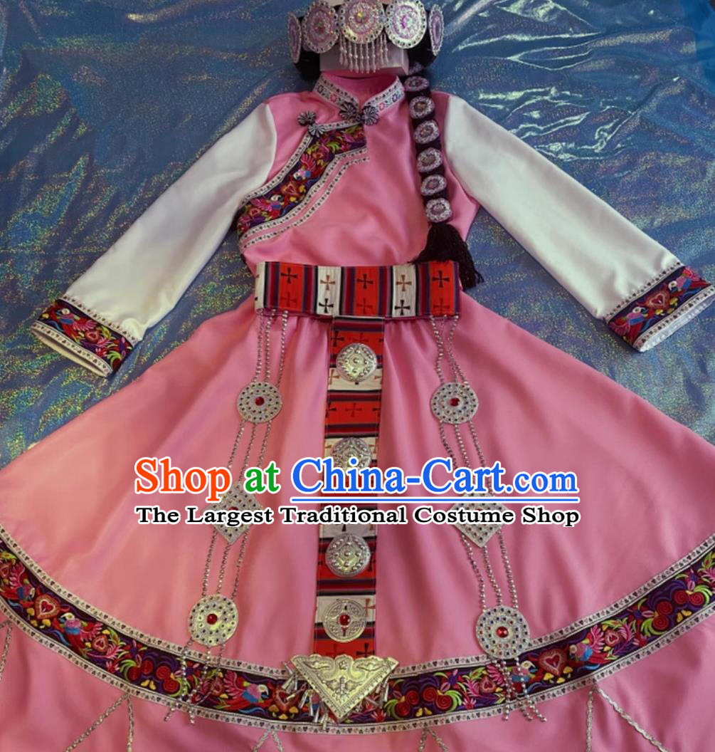 Pink Handmade Naxi Ethnic Embroidery Costume Chinese Minority Nationality Clothing