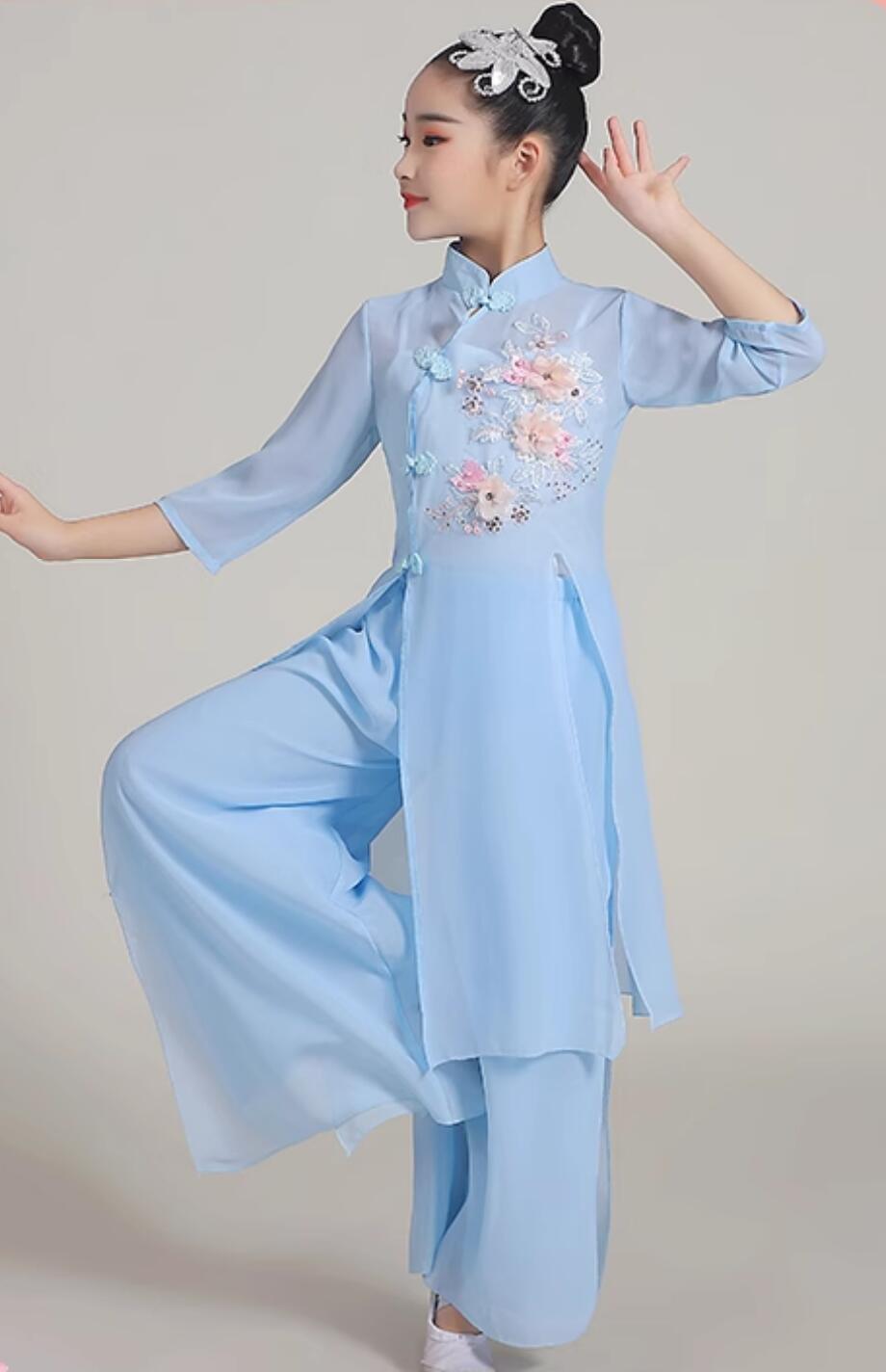 Children Yangko Dance Blue Outfit Chinese Classical Dance Clothing Fan Dance Costume
