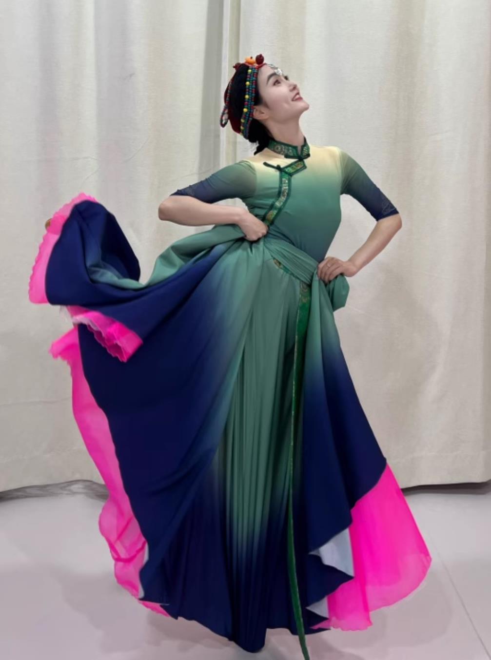 Tibetan Female Folk Dance Costume Zang Nationality Group Dance When Gesang Flowers Bloom Stage Performance Attire Chinese Ethnic Clothing