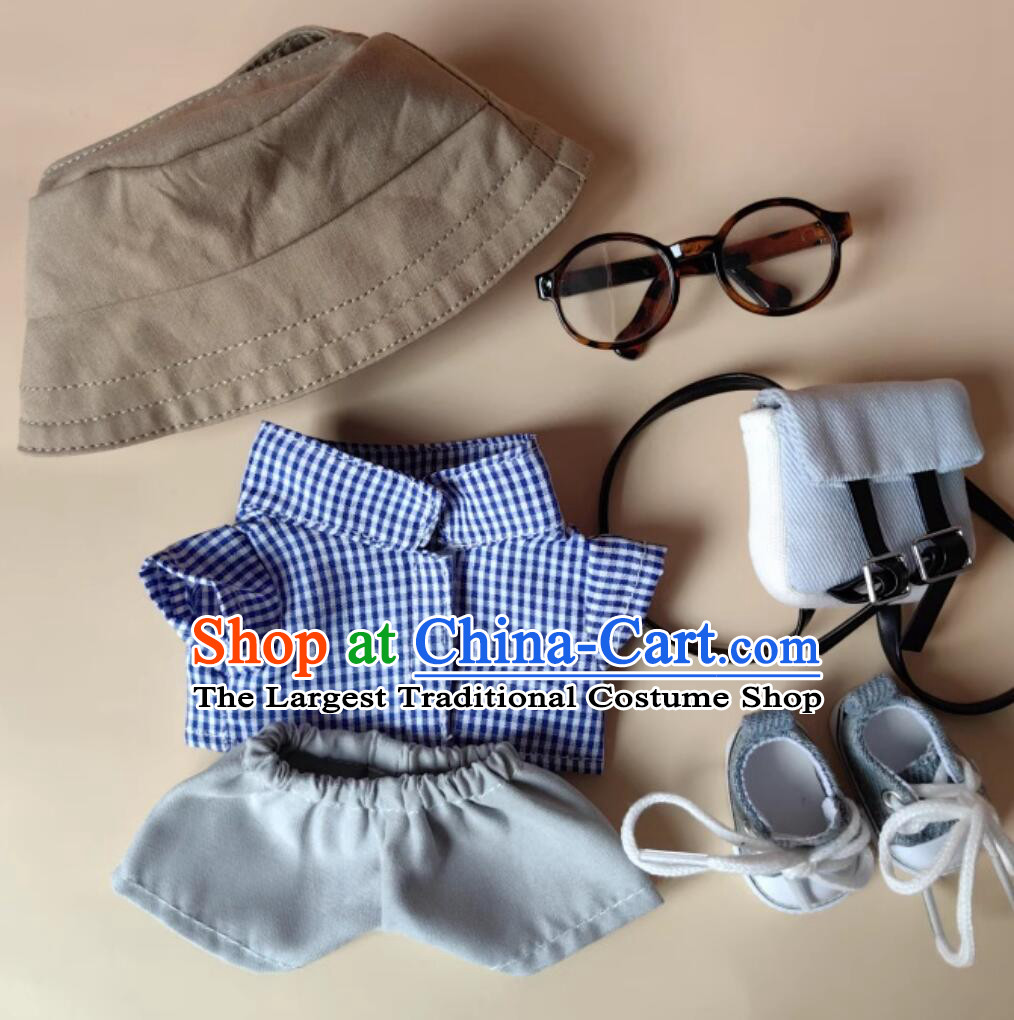 Labubu Doll Costumes Vintage Workwear Set Plaid Flannel Shirt Brown Dad Hat Backpack Chunky Eyeglasses and Canvas Shoes