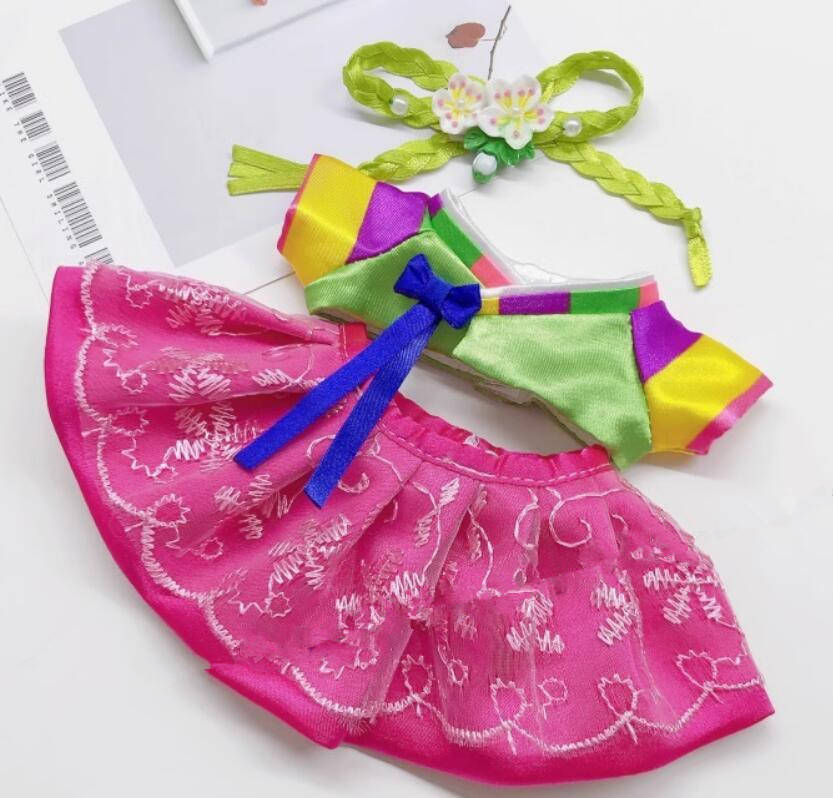 Handmade Labubu Hanbok Doll Costumes Traditional Korean Clothing Green Top and Rosy Skirt