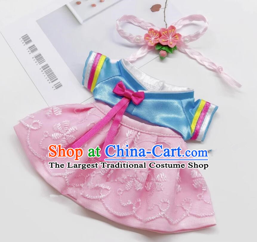 Handmade Labubu Hanbok Doll Costumes Traditional Korean Clothing Blue Top and Pink Skirt