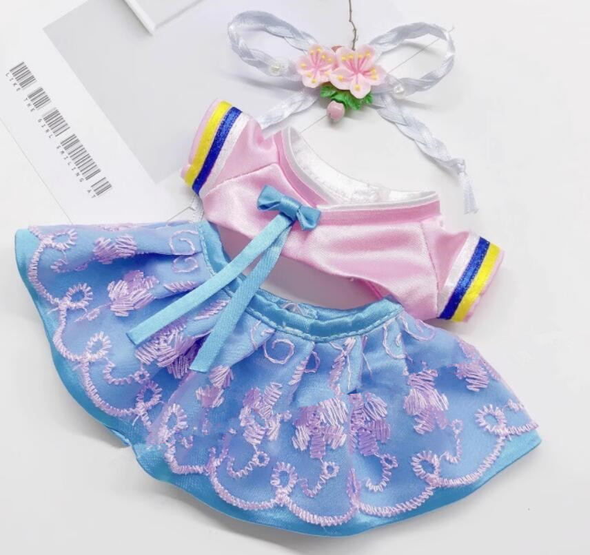 Handmade Labubu Hanbok Doll Costumes Traditional Korean Clothing Pink Top and Blue Skirt