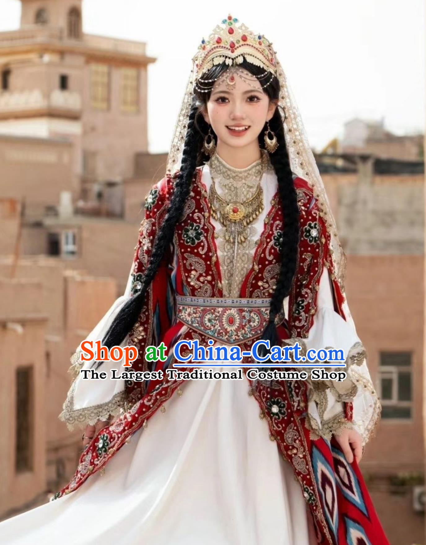 Red Xinjiang Maiden Outfit Uyghur Kashgar Princess Silk Road Costume Set