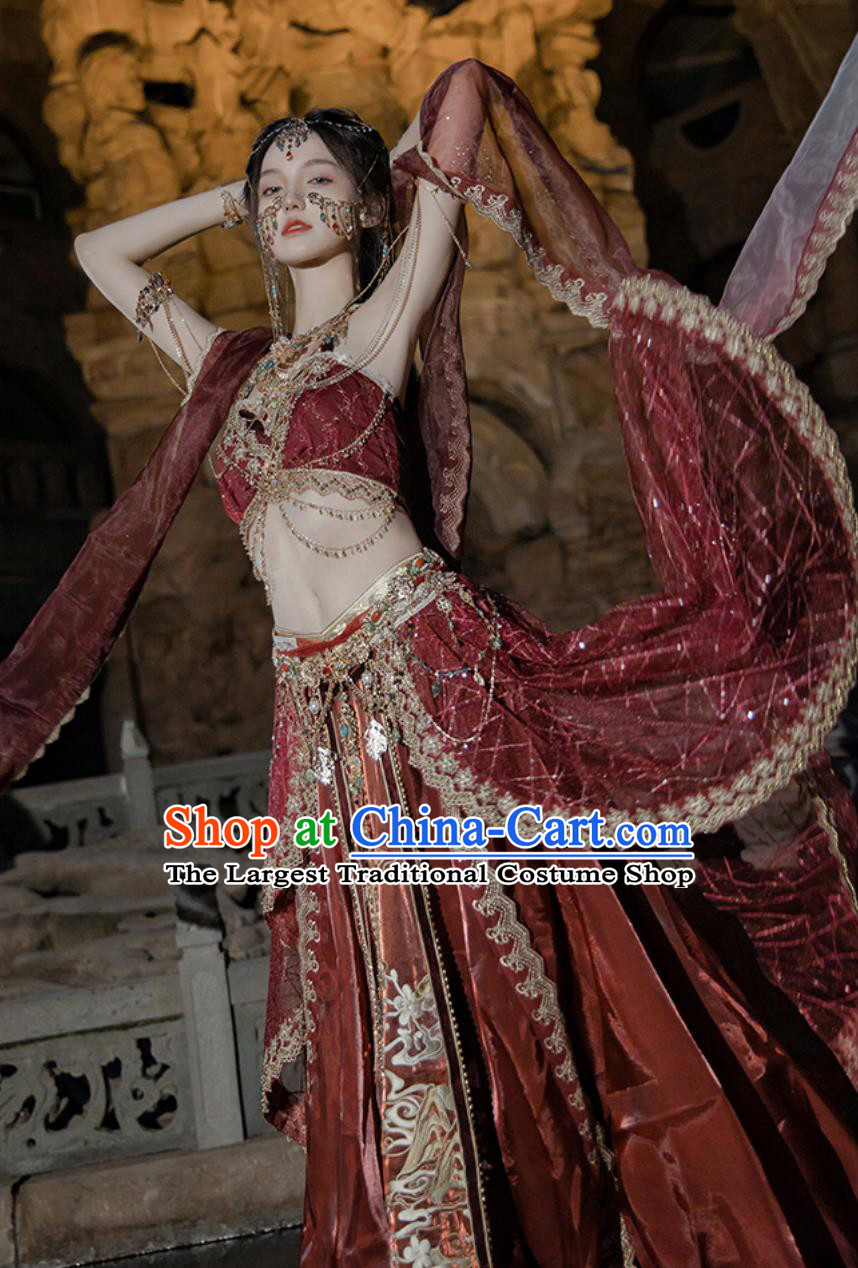 Red Dunhuang Feitian Hanfu Maiden Exotic Indian Dance Studio Performance Costume Chinese Style Dance Outfit