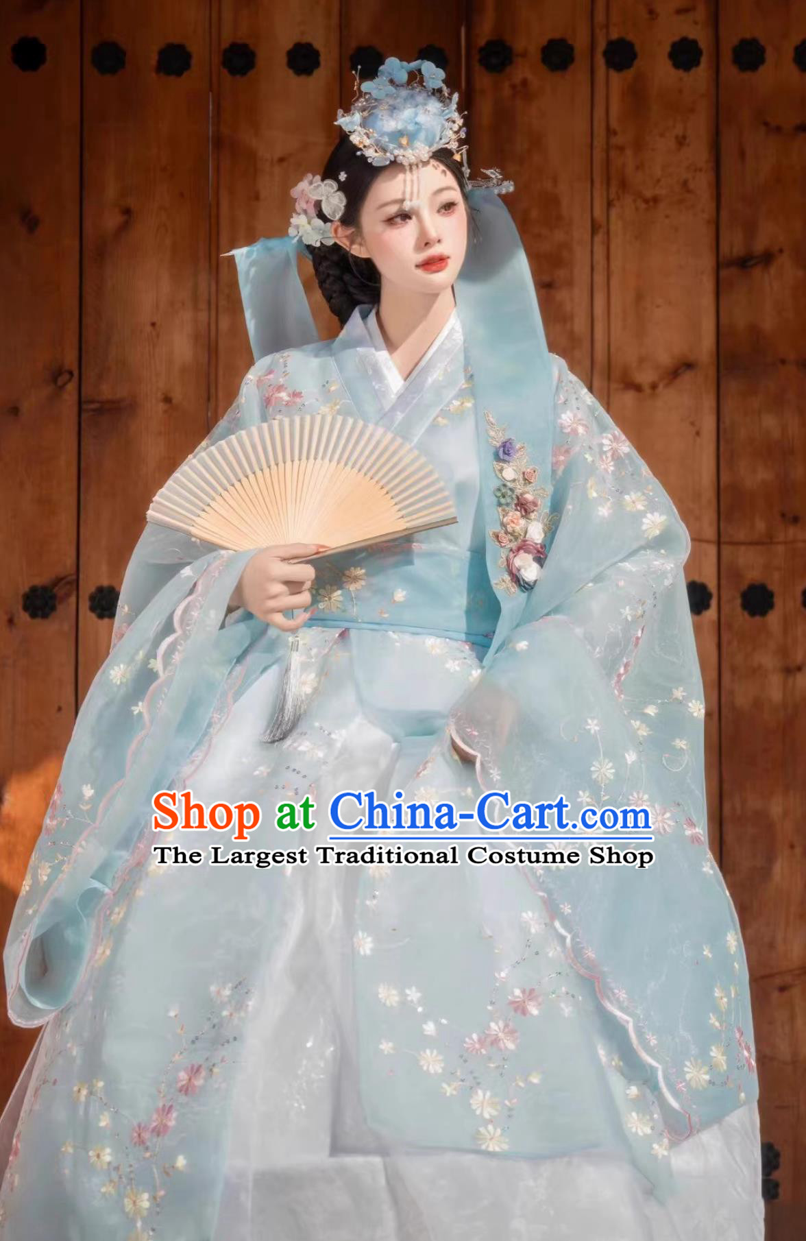 Light Blue Yanji Korean Ethnic Dress Hanbok Princess Palace Traditional Gown Women Photo Shoot Ethereal Costume Set