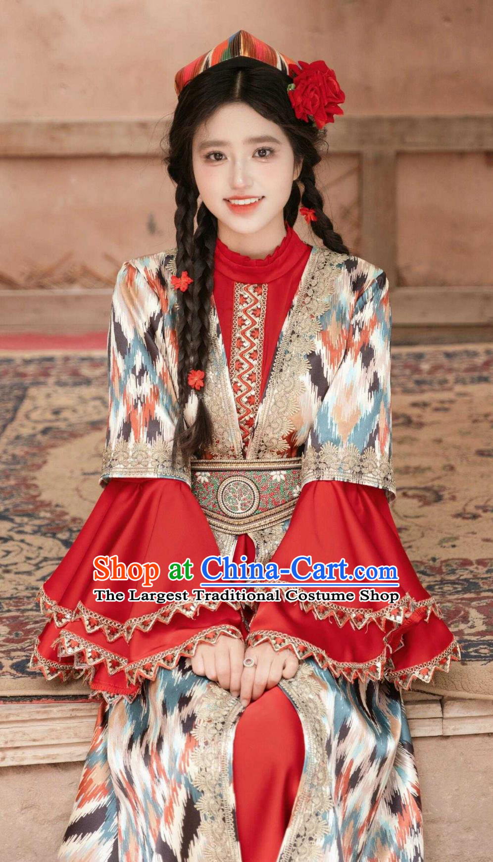 Xinjiang Kashgar Uyghur Princess Costume National Atlas Dress Retro Ethnic Dance Women Outfit