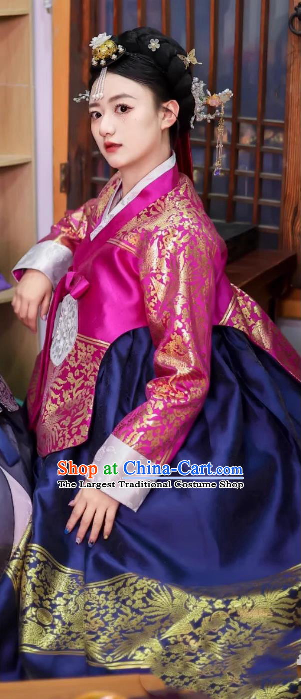 Korean Hanbok Traditional Palace Gown Noble Princess Rosy Blouse and Blue Dress Set