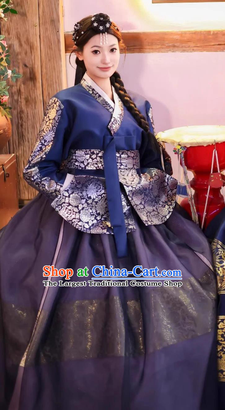 Korean Hanbok Traditional Palace Gown Noble Princess Blue Blouse and Purple Dress Set