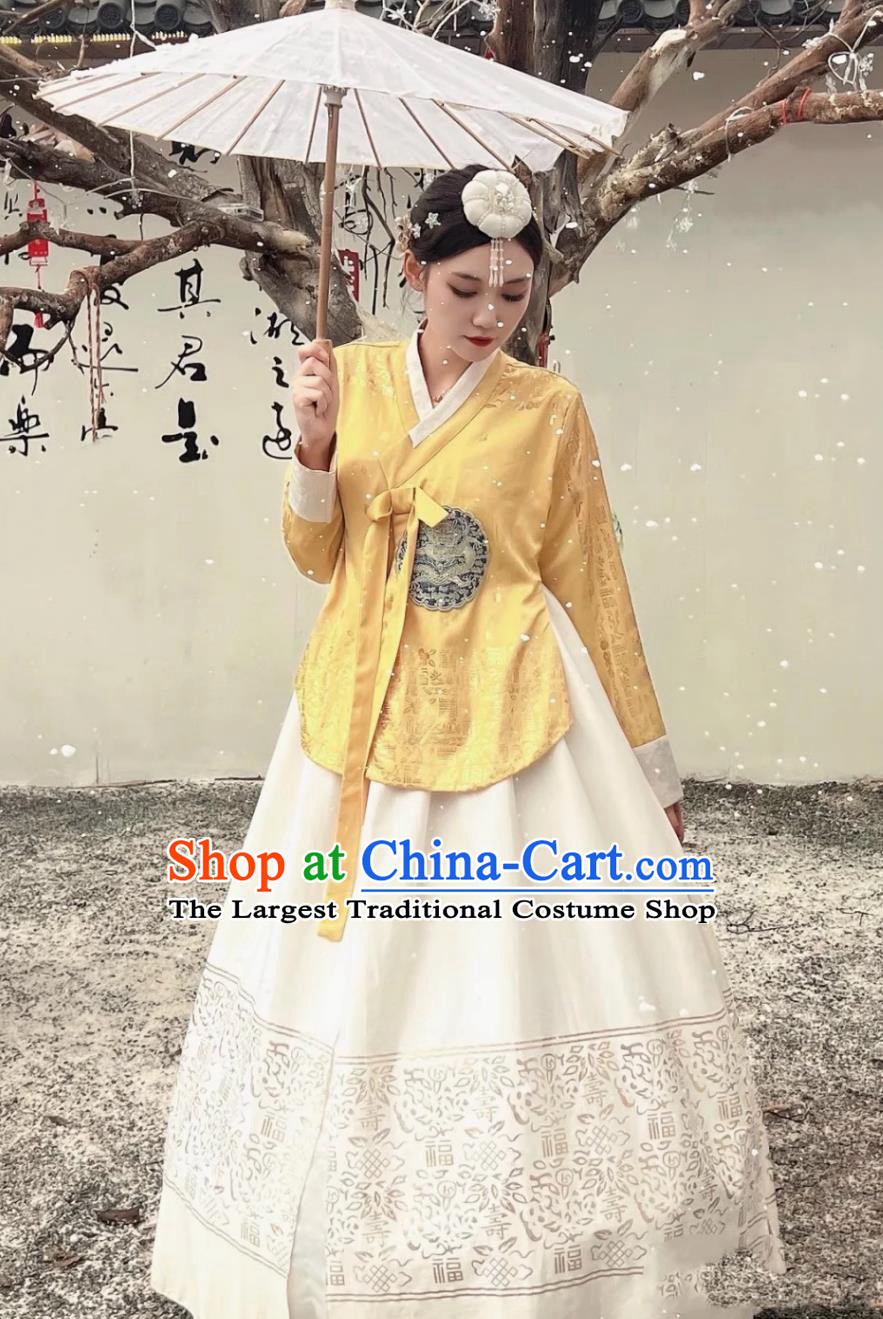 Korean Hanbok Ancient Court Style Ethnic Attire Yanji Princess Yellow Blouse and White Dress Set
