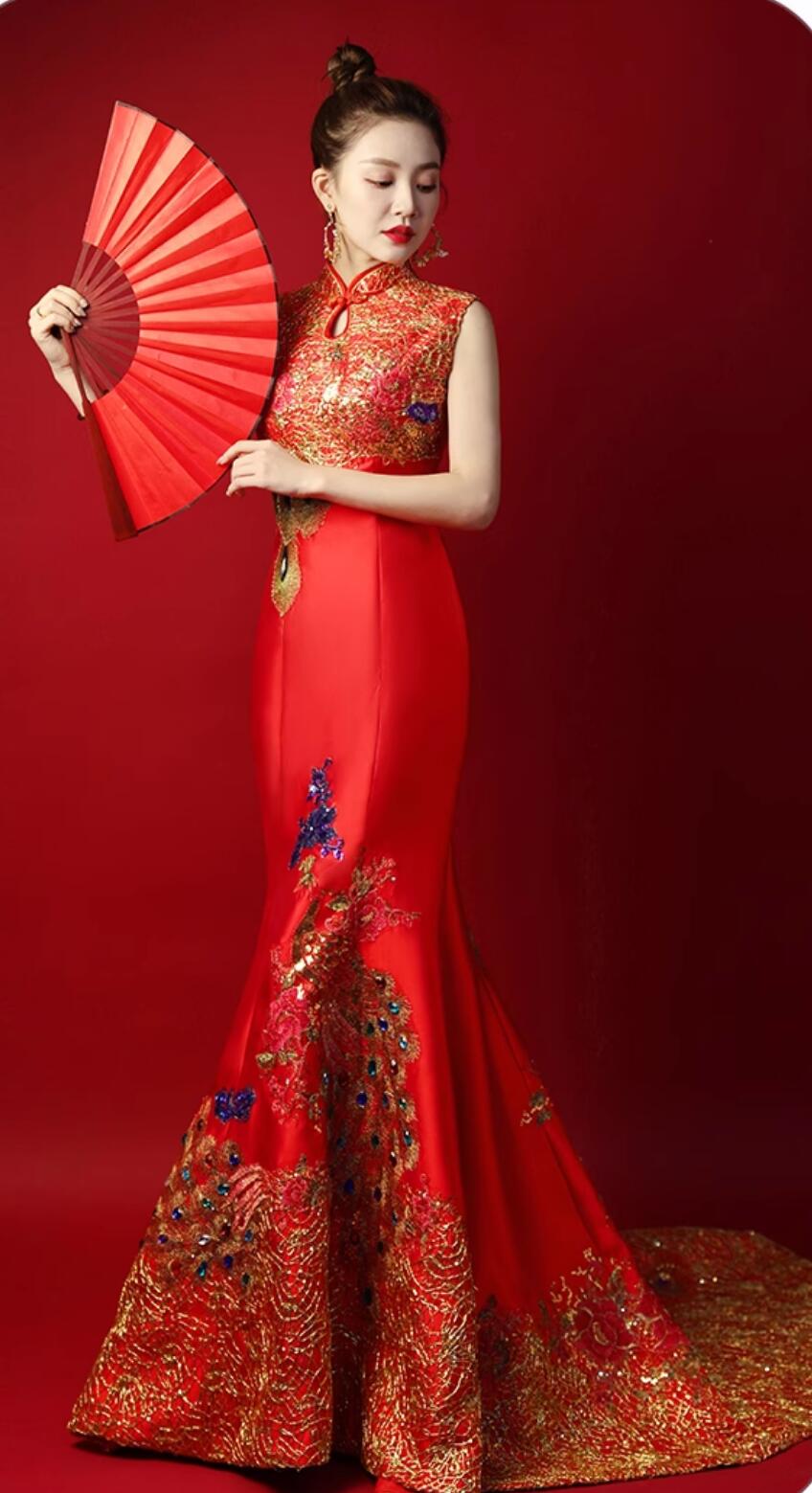 Chinese Style Red Train Gown Model Runway Show Red Mermaid Dress Bride Wedding Qipao